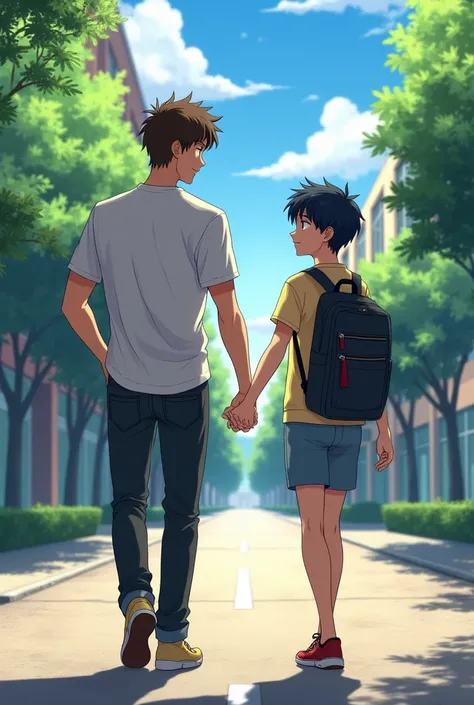 anime boy couple, Holding hands, walking through high school, one with brown hair and the other with black hair. One tall and one shorter, one more robust and the other thinner, gay, 2d, high school boys, relationship.