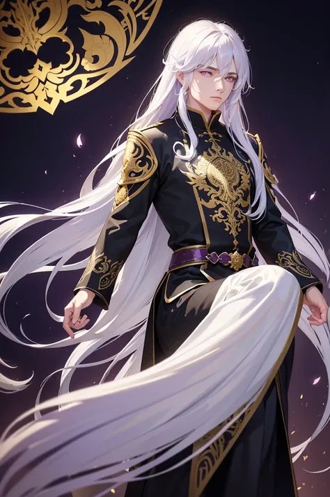 A young man with serene and calm purple eyes, Long white hair falls like a cascade down her back, dressed in a loose, flowing black tunic with golden dragon embroidery, mysterious and mystical, in the background a fairyland: immortals and gods, Demons and ...