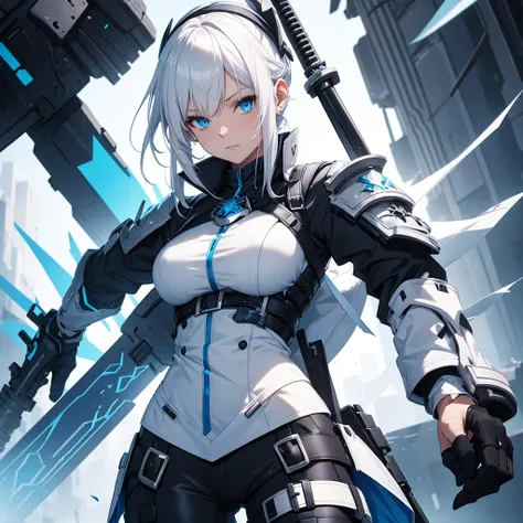 White-haired, blue-eyed girl in a black and blue mercenary outfit with a sword on her back