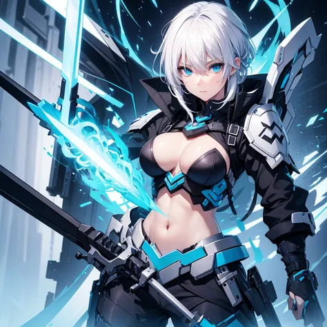 White-haired, blue-eyed girl in a black and blue mercenary outfit with a sword on her back