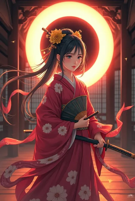 A Pretty Girl Age 17 Wear A Lotus flower pattern kimono the kimono is long with 4 scarves that float freely,with Bun Hime cut hairstyle With gold colored flower hair decoration and 4 crossed hairpins, Carrying One Katana and Japanese  Folding Fan Behind he...