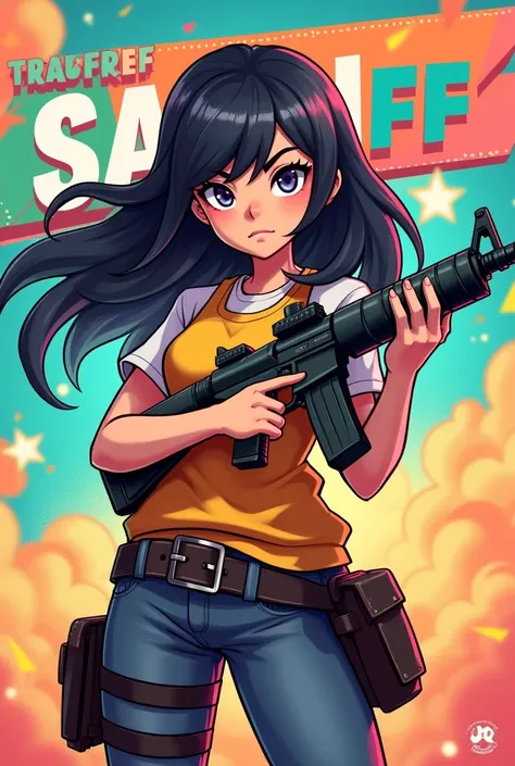 image of a cartoon girl, free fire player with dark hair, long, without fringe, her name Sarah FF appears as a poster and she has a gun in her hands