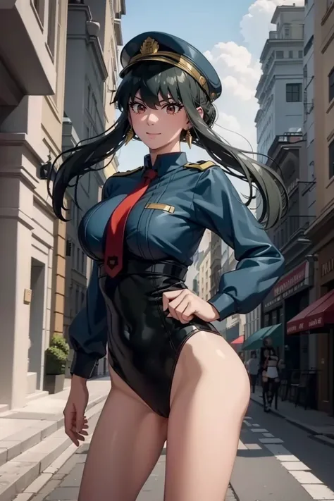 High resolution、masterpiece、1 girl in、Bjorf、A dark-haired、short hair with long locks、look for、Kamimei、bending forward、smile、bring your face closer、Red eyes、gold earrings, leotard blue, bare legs, blue police uniform, police hat, long sleeve, tie, in the ci...