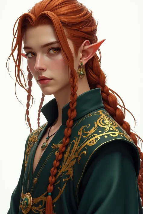 high elf, young adult, with masculine appearance inspired by kpop idol Lee Felix, do grupo Stray Kids, copper colored braided hair, with gold ornaments, golden eyes and tanned skin, in wizard clothes. Full body and white background