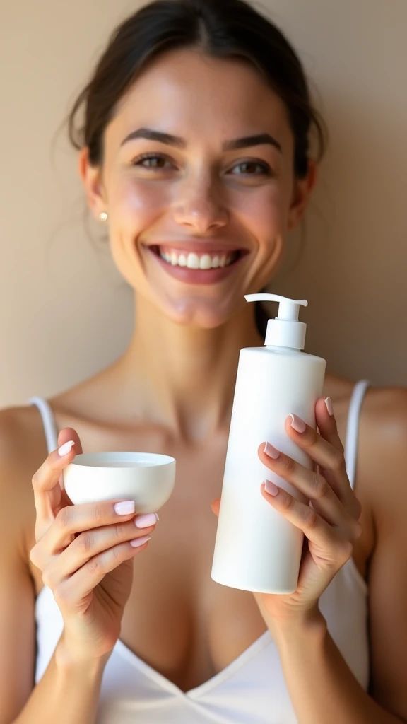 woman holding a bottle of lotion and a cup of lotion, clean face and body skin