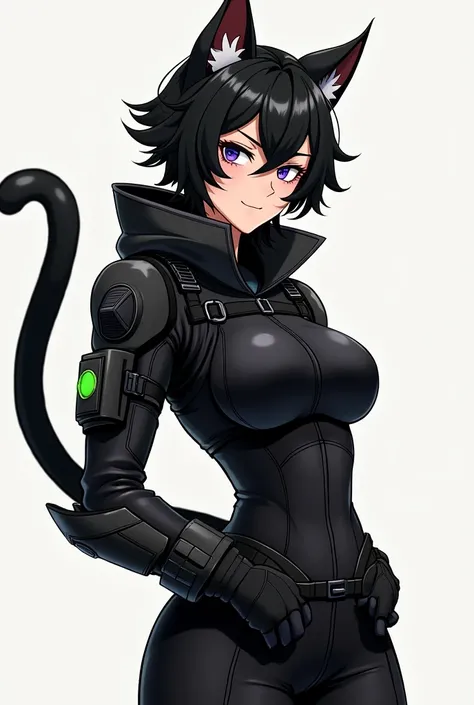 Anime style black cat anthropomorphic，Cool and handsome girl，Combat Suit，Tall and skinny