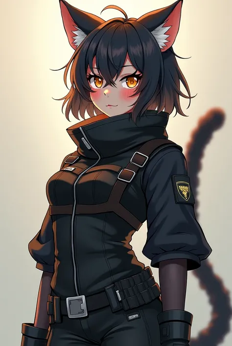 Anime style black cat anthropomorphic，Cool and handsome girl，Combat Suit，Tall and skinny