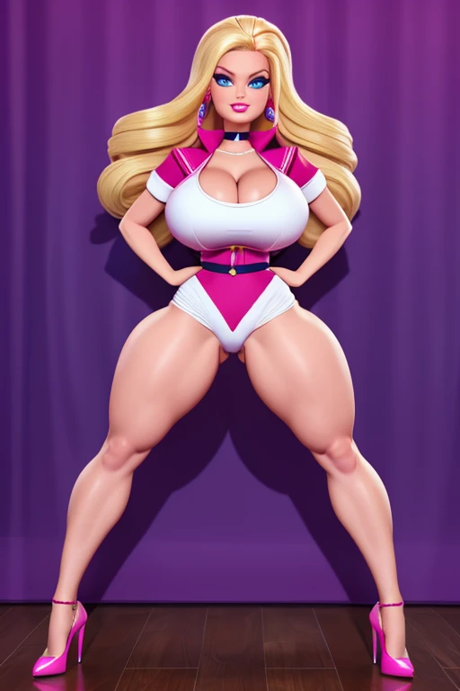 (Barbie), (Sara Bellum), (Female Personification: Whip Cream), beautiful face, structured jawline, 3D, rambunctious, busty blonde, giant breasts, age: 30s, American, white, blue eyes, copious mammary size, enormous inflated breasts, massive knockers, busin...