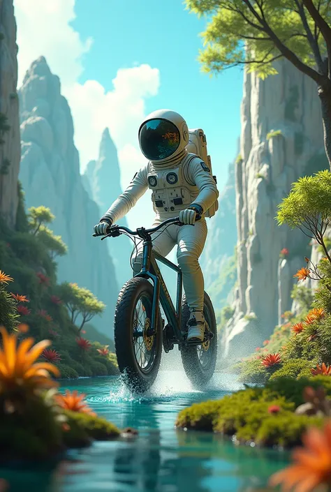 Astronaut riding a bike in paradise 8k image