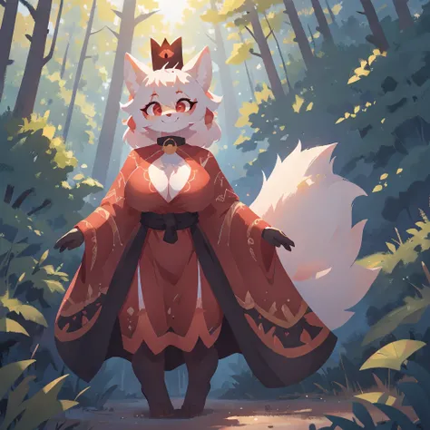 Female white and red kitsune, black crown, big breasts, big thighs, big ass, red patterns on body, 3 white fluffy tails with red tip attached to back of pelvis, Pretty red eyes, white fur tufts, wearing red and black royal robe that covers her chest and th...