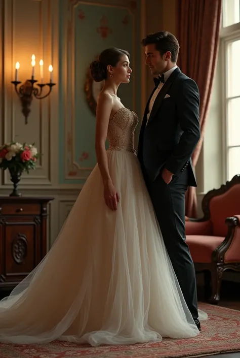 Woman in prom dress standing back from man in suit. Old and chic place