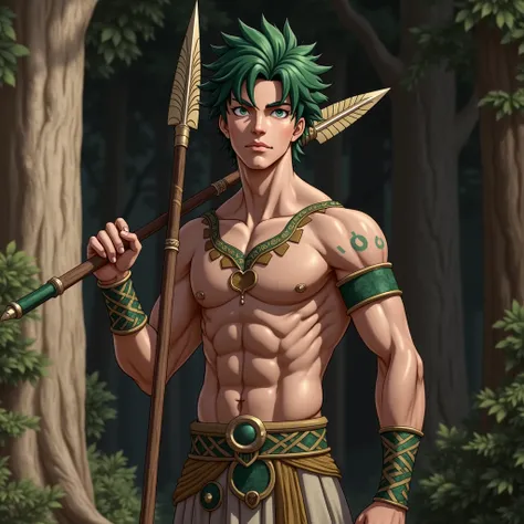 Izuku Midoriya, Shirtless, Green Hair, Spearman, Green Eyes, Greek Warrior, Shirtless, Greek Mythology, Son of Artemis, Forest, Hunter.