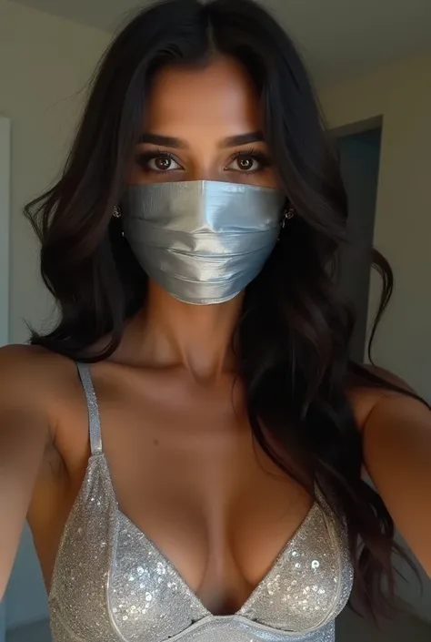 Aesthetic Indian Girl blindfolded Duct tape gagged in sexy silver shimmering prom lingerie Taking selfie