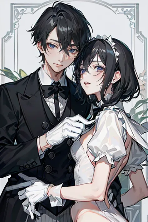 (Mastepiece)、(Best Quality)、Very detailed、((Two intimate butlers:1.5))、Perfect Face、Beautiful Face、Very detailedな顔、(Black-haired man:1.3)、(Grey-haired man:1.3)、Black butler uniform、Glasses、(White gloves:1.3)、Smiling face