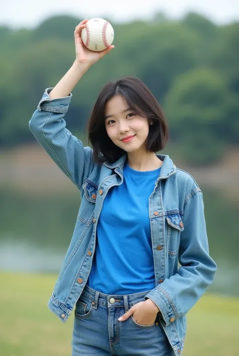 Highly realistic 8k photos, reservoir background, Hold the baseball with one arm raised high next to your body and in plain view., Korean woman, Wearing a blue T-shirt with a denim jacket on top, Wearing jeans, standing face to face, Looking at the camera,...