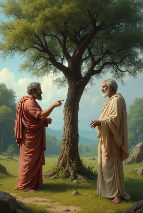 -Scenario: Aristotle points to a tree.
- Aristotle (with the hand pointing to the tree)
Plato (with a thoughtful air):