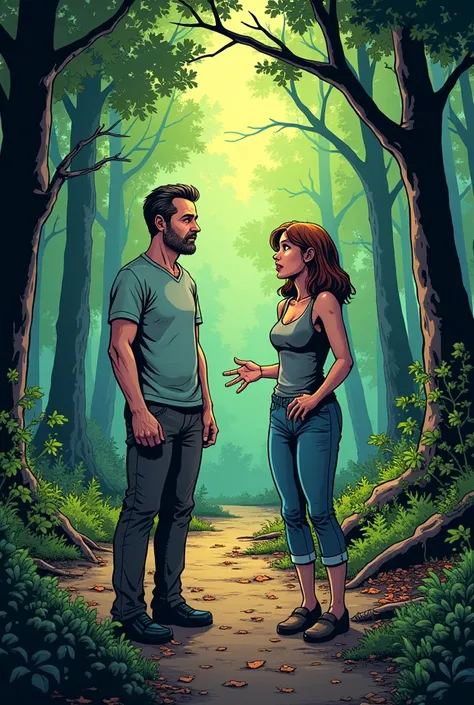 Create me a comic-style image of a forest as a background. Some parents lost their daughter in the woods. Show me two volunteer neighbors gossiping about what could have happened to the girl.




