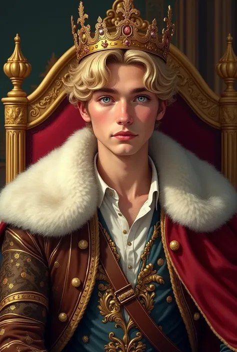 A blond man with blue eyes, fair skin, French with a crown, wearing a king&#39;s outfit, handsome young man, 2D, the throne when he was young, beautiful face, handsome