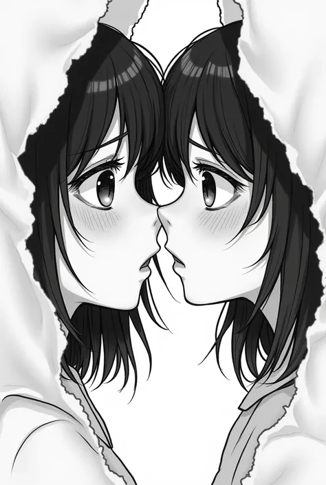 Drawing of two girls, with one crying and the other leaving Black and white drawing Add torn sheets of paper and the girls Make them older and without showing their whole body Just make their faces kissing and sad 