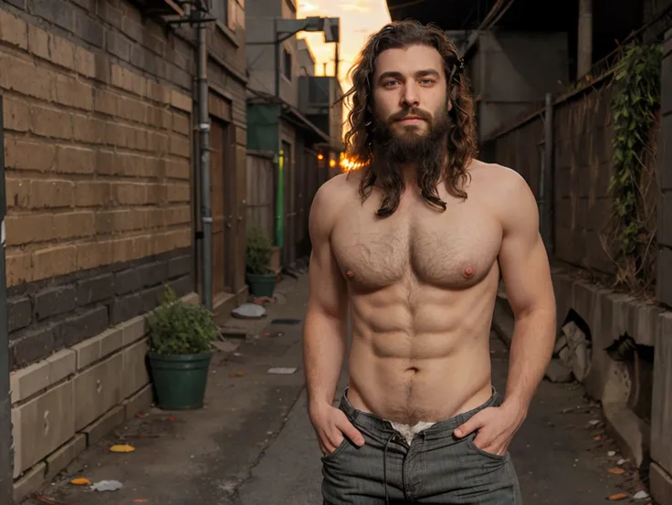 man 3, curly hair, beard, green eyes, defined body, hairy, dirty, torn gray pants, street alley, sunset, pothead, provocative, evil facial expression 