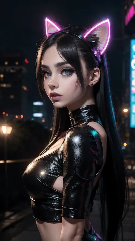 masterpiece, Best Quality, high angle, city at dusk, 1 girl, alone, Pale skin, Profile 3/4, cat ears, cybernetic arms, neon lights on their clothes and cybernetic augmentations, 3D, hyperrealistic, realist, young girl, sexy, beautiful face, cyberpunk kitty...