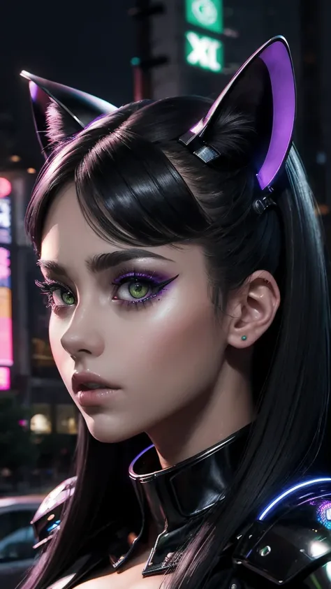 masterpiece, Best Quality, high angle, city at dusk, 1 girl, alone, Pale skin, Profile 3/4, cat ears, cybernetic arms, neon lights on their clothes and cybernetic augmentations, 3D, hyperrealistic, realist, young girl, sexy, beautiful face, cyberpunk kitty...