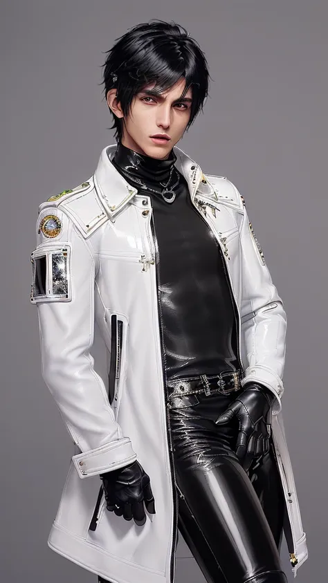 ((Final fantasy taste and reality graphics)), ((Japanese young cute and cool ikemen  boy)), his age is early 20s, thin eyebrows and beady eyes,  ((((he wearing white color and very shining brightly enamel leather very thick single-brest jacket)))), ((with ...