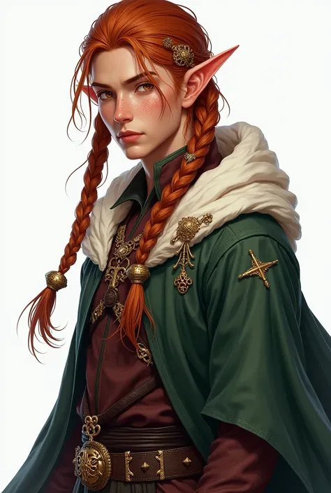 high elf, young adult, with masculine appearance inspired by kpop idol Lee Felix, do grupo Stray Kids, copper colored braided hair, with gold ornaments, golden eyes and tanned skin, freckles on the face, in wizard clothes. Standing showing the entire body ...