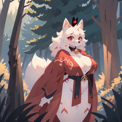 Female white and red kitsune, black crown, big breasts, big thighs, big ass, red patterns on body, 3 white fluffy tails with red tip attached to back of pelvis, Pretty red eyes, white fur tufts, wearing red and black royal robe that covers her chest and th...