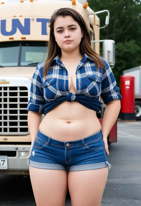 Acute woman (lovely face, a little chubby, moderate bust, big butt, flannel shirt open, blue jean shorts, work boots), posing next to her huge semi (tractor trailer, gas station parking lot
