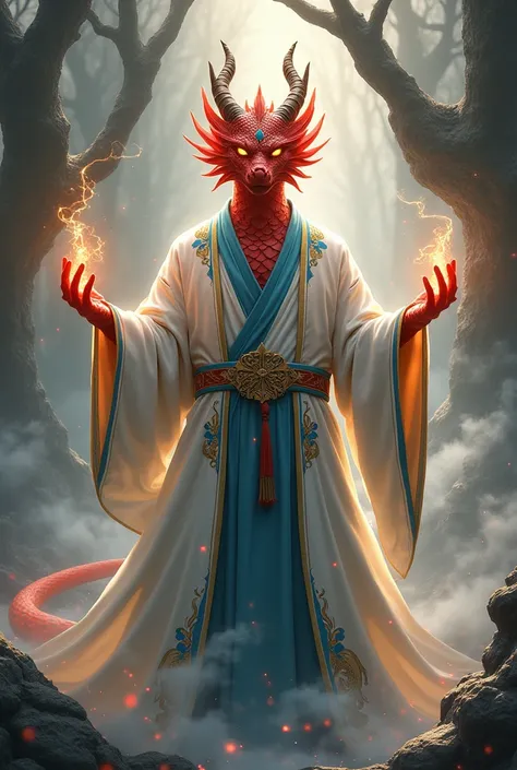 Red Dragonborn, wizard, Chinese dragon, white robes, blue details, gold details