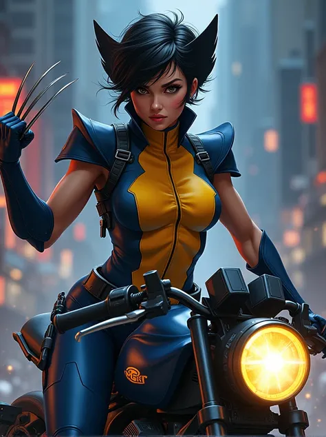 (Female version of Wolverine:1.4), (fierce and determined expression:1.4), (seated on a bullet bike:1.3), (one hand raised in the air showing extended claws:1.4), (dynamic and powerful pose:1.4), (short, rugged hair:1.3), (strong, muscular build:1.3), (det...