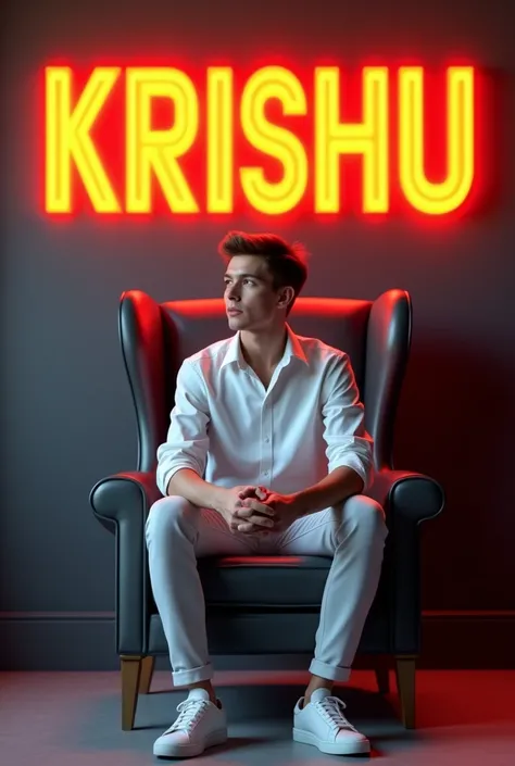 
SHIRT] - " Create a 3D illusion for a profile picture where a 2 cute boy in a white shirt Sitting casually on a Wingback chair. Wearing sneakers, he looks ahead. The background features "KRISHU" in big and capital Orange neon light fonts on the dark grey ...