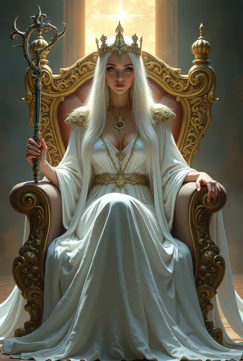 a woman dressed as a sorceress, long white robe. with a setro in her hand, with her crown on her head, perched on a beautiful throne, behind her she has a portal open to another dimension.