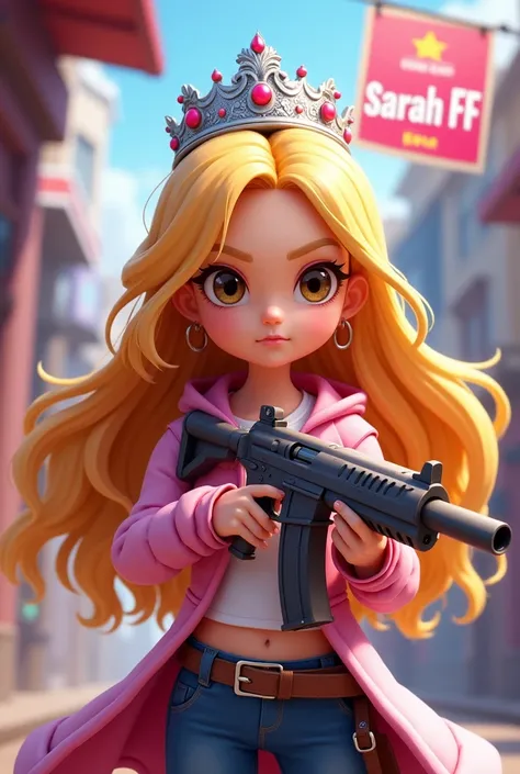 image of a cartoon girl, Free Fire player with blonde hair, long, without fringe,with a silver crown,that her name Sarah FF appears as a poster and that she has a gun in her hands