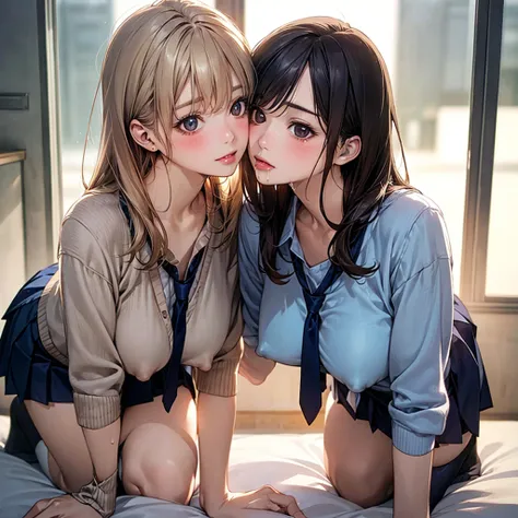 On all fours、Scrounge,Connected saliva,kissしている2 people,Female couple.Hug each other strongly,Lesbian,caress,kiss,(masterpiece:1.2, Highest quality), (Realistic, photoRealistic:1.4), Beautiful illustrations, (Natural Side Lighting, Cinema Lighting), Browsi...