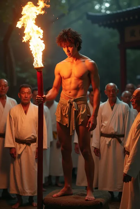 1boy、Photo Quality、Cute handsome man、Mash Hair、Japanese male, 、Completely naked、Full nudity、erection、Huge penis、Highest quality、Realistic、beautiful、Shrine Background、Surrounded by old men wearing white kimonos、On top of the portable shrine、Back view、Comple...