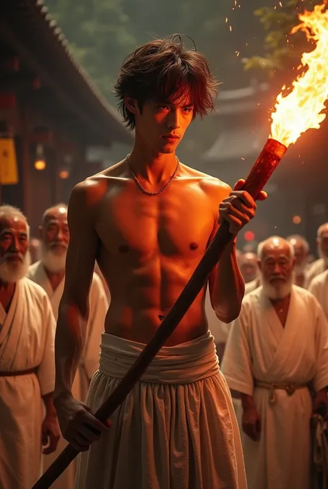 1boy、Photo Quality、Cute handsome man、Mash Hair、Japanese male, 、Completely naked、Full nudity、erection、Huge penis、Highest quality、Realistic、beautiful、Shrine Background、Surrounded by old men wearing white kimonos、On top of the portable shrine、Back view、Comple...