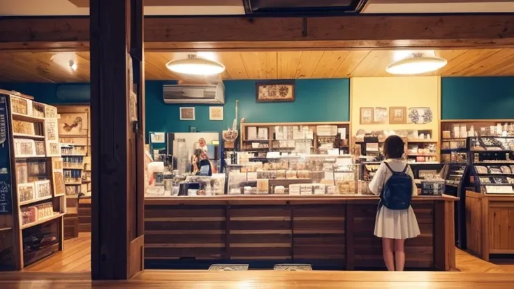 女の子1人が1人でCafeで座っている、chillout、lofi、Cafe、manga、The whole store、The atmosphere of the 1980s、Listening to music in the store、A relaxing afternoon
