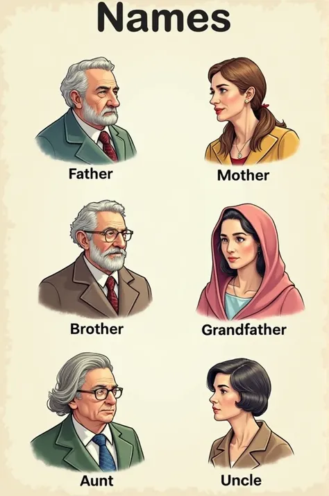 the names of types of relatives with pictures, Father, mother, Brother, Sister , grandfather, grandmother,aunt, uncle , cousin, in English 
