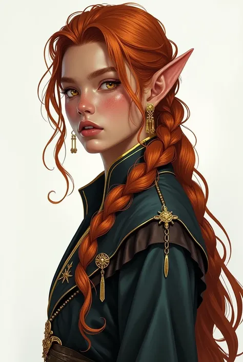 Drawing of a High Elf, young adult, with masculine appearance inspired by kpop idol Lee Felix, do grupo Stray Kids, copper colored braided hair, with gold ornaments, golden eyes and tanned skin, freckles on the face, in wizard clothes. Standing showing the...