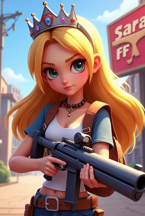 image of a cartoon girl, Free Fire player with blonde hair, long, without fringe,with a silver crown,that her name Sarah FF appears as a poster and that she has a gun in her hands