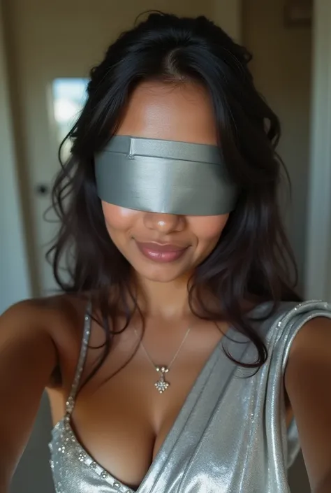 Aesthetic Indian Girl blindfolded Duct tape gagged in sexy silver shimmering prom saree Taking selfie