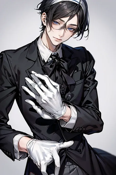 (Mastepiece)、(Best Quality)、Very detailed、((1 butler:1.5))、Perfect Face、Beautiful Face、Very detailedな顔、(Black Hair:1.3)、Black butler uniform、Glasses、(White gloves:1.3)、Smiling face