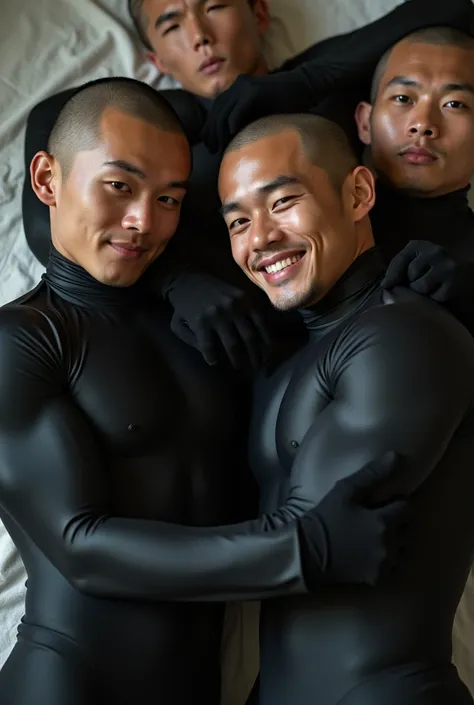 some Japanese men,in fullbody black zentai,tan skin,on the mattrress,masterpiece,high quality,realistic,photograph, best quality,Muscular、friendship,Simple、Ultra short hair,biceps ,Full Body Tights,armpit,Shiny,Tight,shaven 、athlete,naive,unsophisticated,b...