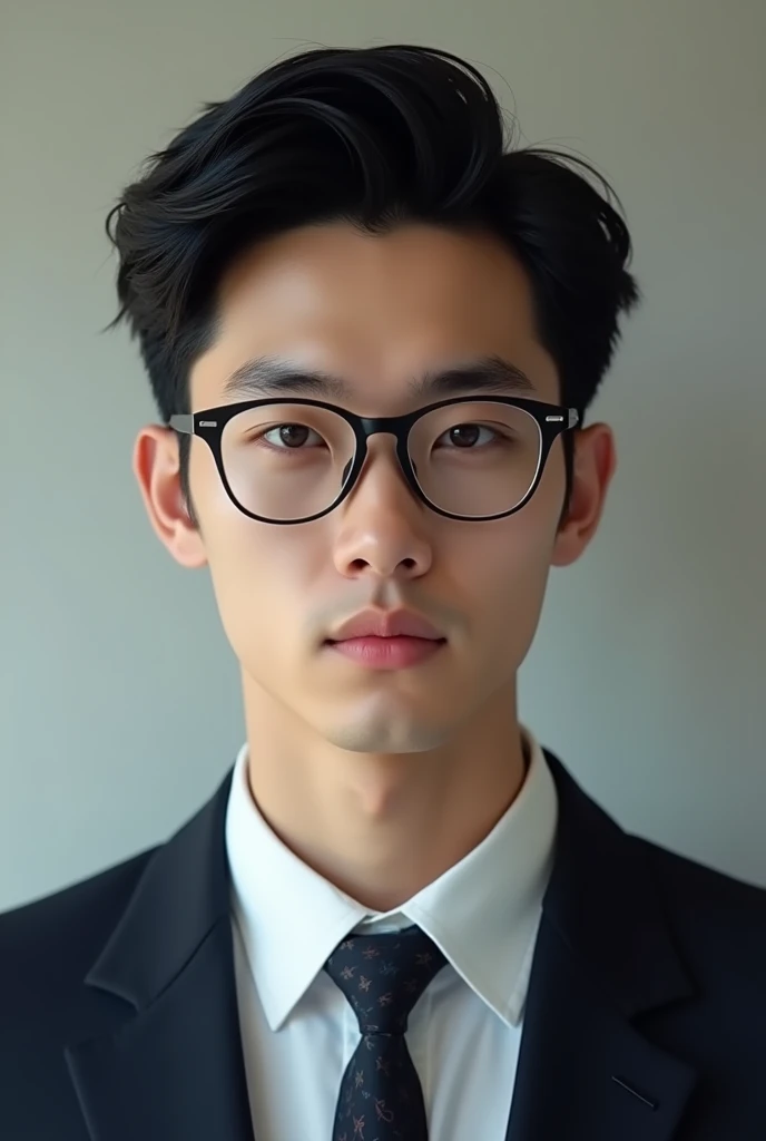 A young man with black hair and blue eyes, wearing a suit, handsome, half Korean, half English, still young and handsome, wearing teardrop-shaped glasses.