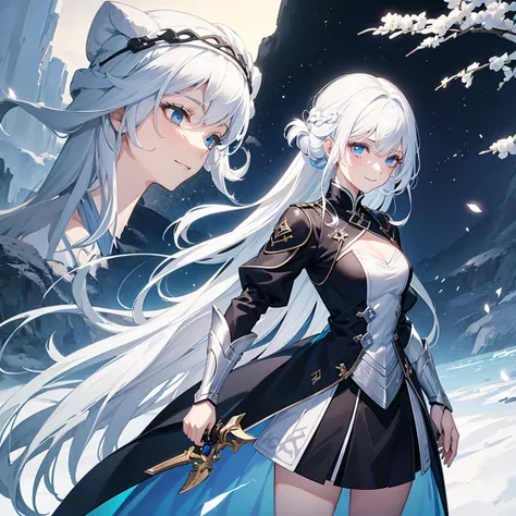 Beautiful girl with white hair and blue eyes, She is smiling, with a black and blue outfit and a sword on his back, she is an adventurer in a fantasy world 