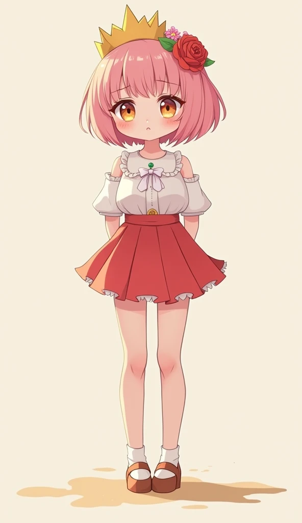 Beautiful 1 girl, work of art, best qualityer, 8K Animation, detailed fingers, Precise Fingers, non-abnormal hands, illustration, 1 girl, standing alone, short pink bob, golden crown, flower hair ornament, droopy eyes, Red mini skirt, Yui