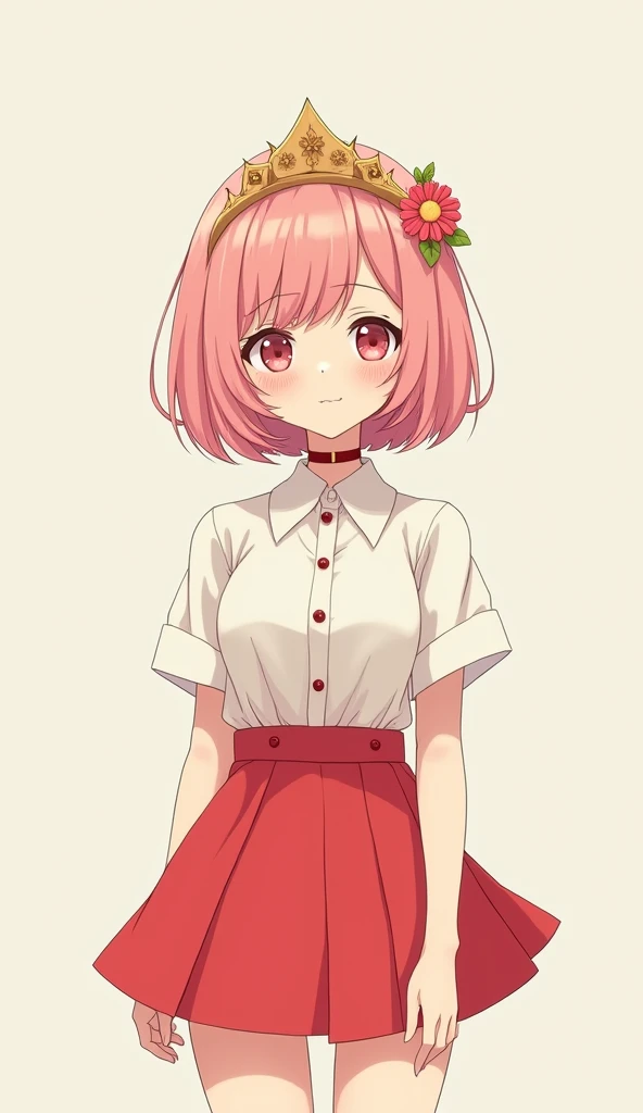 Beautiful 1 girl, work of art, best qualityer, 8K Animation, detailed fingers, Precise Fingers, non-abnormal hands, illustration, 1 girl, standing alone, short pink bob, golden crown, flower hair ornament, droopy eyes, Red mini skirt, Yui