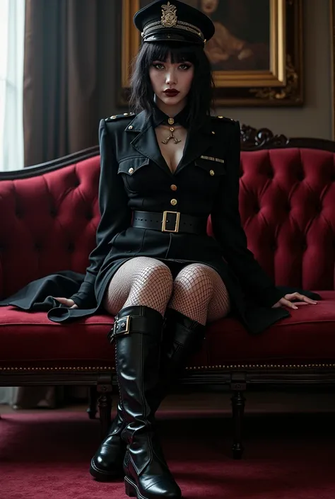 Erotic goth police woman with fishnets short skirt and boots sitting on the sofa 